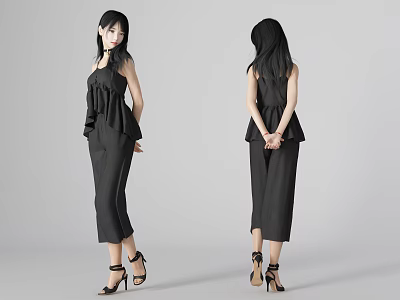 Woman In Black Sleeveless Midi Dress With Peplum Detail And High Heels Front Back Views 3d model