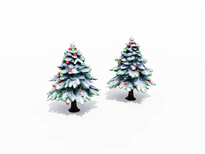 Two Festive Decorated Christmas Trees With Snow Ornaments And Green Branches 3d model