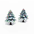 Two Festive Decorated Christmas Trees With Snow Ornaments And Green Branches