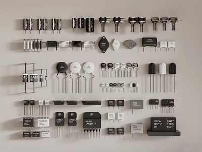 Assorted Electronic Hardware Tools Collection With Resistors Capacitors Transistors And IC Chips On White Background 3d model