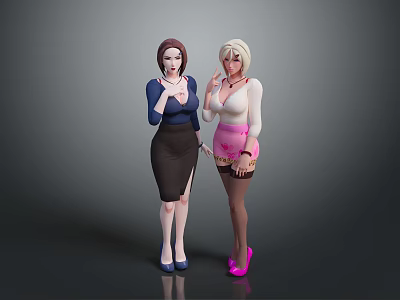 Two Female Characters Posing Together With Brown Blonde Hair Stylish Outfits And High Heels 3d model