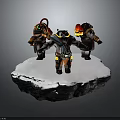 Three Characters in Decorative Gear with Flame Feather Decorations Standing on Snowy Rock Platform