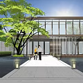 Modern Garden Landscape Design With Glass Building Water Pool Green Trees And Pathway