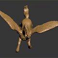 Golden Winged Horse Sculpture in Standing Pose with Dark Background Reflection