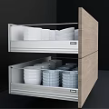 Organized Dinnerware Set Storage In Wooden Drawers With Neatly Arranged White Plates And Bowls
