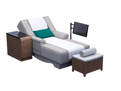 Gray Recliner with White and Green Cushions Beside Wooden Bedside Table and Ottoman 3d model