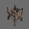 Ancient Wooden Defensive Tower Structure With Crossed Beams And Spiked Base Design