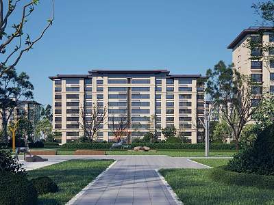 Modern Residential Building Exterior With Lush Greenery Trees Lawn And Pathway 3d model