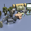 Weapons And Tactical Military Gear With Backpacks Radios Knives Tools And Accessories