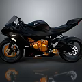 Black Sport Motorcycle With Sleek Design Orange Engine And Black Wheels On Grey Background