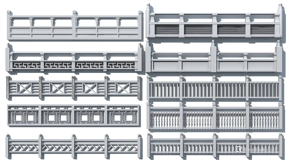 Various Decorative Railing Designs Featuring Intricate Patterns And Styles 3d model
