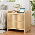 Modern Wooden Bedside Table With Vertical Striped Design Tablet Coffee Cup And Flower Vase