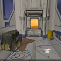 Sci-Fi Spaceship Corridor Interior With Metal Door Cables Yellow Barrel And Green Containers