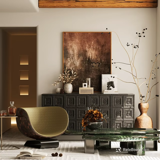 Vintage Entryway Cabinet And Side Cabinet With Artwork Vases And Decorative Branches 3d model 