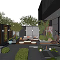 Modern Courtyard Garden Design With Fountain Sofa Seating Green Plants Lighting And Wooden Patio