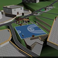 Aerial View Planning of Green Lawn with Curved Path and Wooden Recreational Structure
