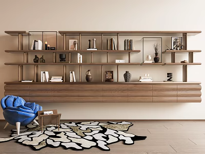 Modern Wooden Bookshelf Interior With Multiple Shelves Books Vases And Photo Frames 3d model