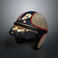 Vintage Safety Helmet With Blue White Red Color And Worn Distressed Finish