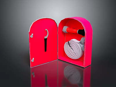 Open Red Fire Hydrant Cabinet With Coiled Fire Hose And Tools 3d model