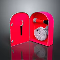Open Red Fire Hydrant Cabinet With Coiled Fire Hose And Tools 3d model