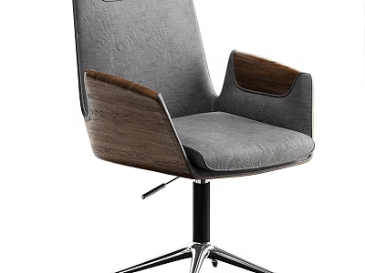 Modern Office Chair With Gray Fabric Seat Wooden Armrests And Metal Swivel Base 3d model