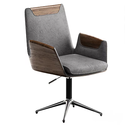 Modern Office Chair With Gray Fabric Seat Wooden Armrests And Metal Swivel Base 3d model