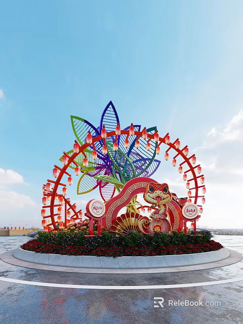 Vibrant Flower Shaped Garden Ornament With Red Lanterns Cartoon Tiger And Green Plants 3d model 
