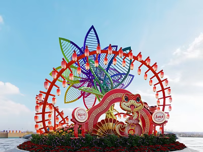 Vibrant Flower Shaped Garden Ornament With Red Lanterns Cartoon Tiger And Green Plants 3d model