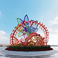 Vibrant Flower Shaped Garden Ornament With Red Lanterns Cartoon Tiger And Green Plants