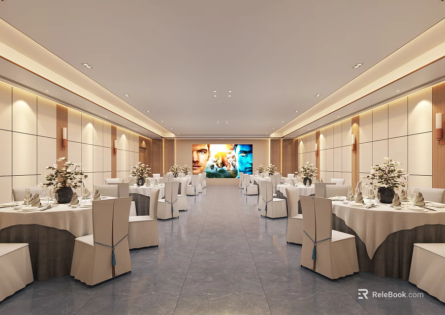 Modern Banquet Hall Interior Design With Round Tables White Tablecloths And Flower Decorations 3d model 