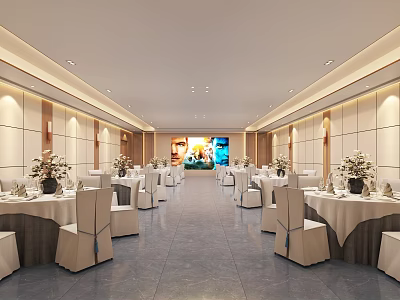 Modern Banquet Hall Interior Design With Round Tables White Tablecloths And Flower Decorations 3d model