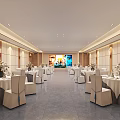Modern Banquet Hall Interior Design With Round Tables White Tablecloths And Flower Decorations
