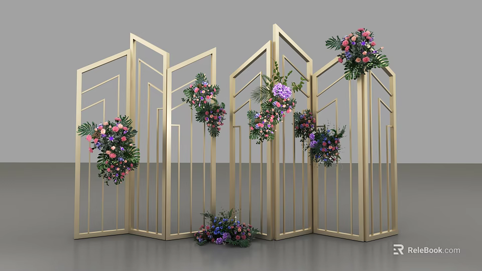 Elegant Modern Golden Screens With Colorful Floral Decorations And Artistic Design 3d model 
