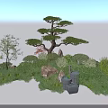 Lush Garden Shrubs Surrounded By Pine Tree Rocks Grass And Water Basin