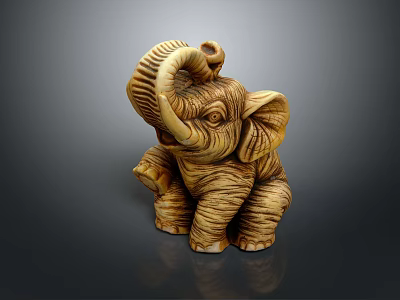 Wooden Elephant Sculpture In Sitting Posture With Curled Trunk And Detailed Texture 3d model