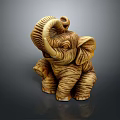 Wooden Elephant Sculpture In Sitting Posture With Curled Trunk And Detailed Texture
