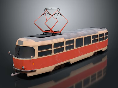 Vintage Red And Cream Tram With Roof Pantograph And Multiple Windows Design 3d model