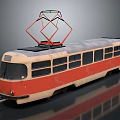 Vintage Red And Cream Tram With Roof Pantograph And Multiple Windows Design