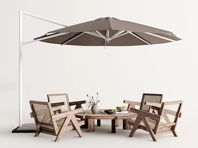 Modern Outdoor Wooden Table And Chair Set With Umbrella And Coffee Table 3d model