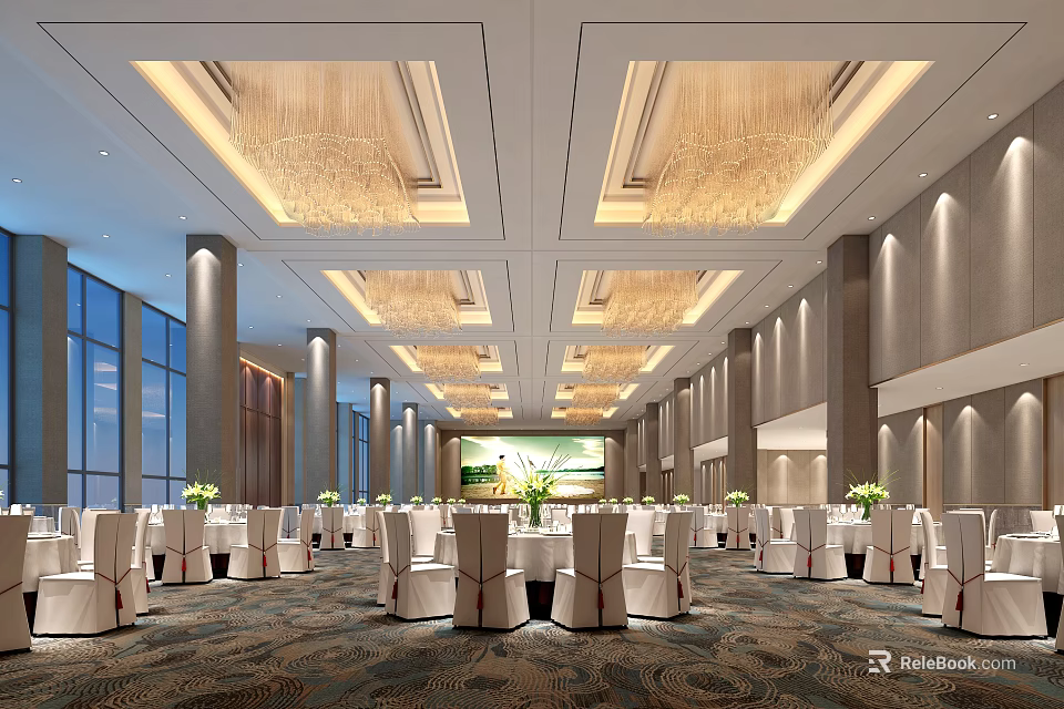Luxurious Banquet Hall Interior With Elegant Chandeliers Large Windows Dining Tables And Decorative Flowers 3d model 