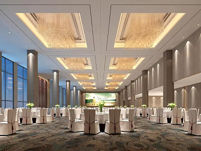 Luxurious Banquet Hall Interior With Elegant Chandeliers Large Windows Dining Tables And Decorative Flowers 3d model