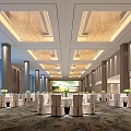 Luxurious Banquet Hall Interior With Elegant Chandeliers Large Windows Dining Tables And Decorative Flowers