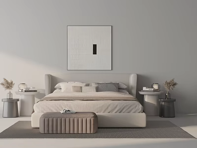 Modern Double Bed With Headboard Soft Pillows Abstract Painting And Side Ottoman 3d model