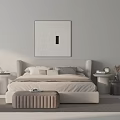 Modern Double Bed With Headboard Soft Pillows Abstract Painting And Side Ottoman