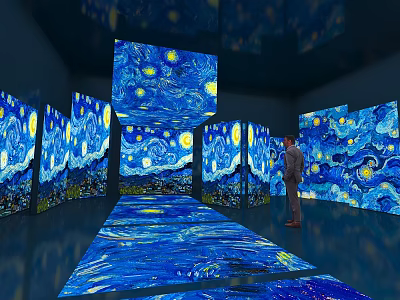 Starry Night Immersive Exhibition With Blue Sky Projections And Standing Person 3d model