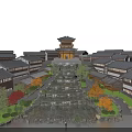 Ancient Chinese Architecture Courtyard With Illuminated Archway Red Leaf Trees And Stone Pavement