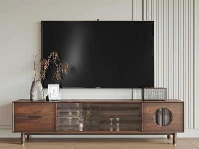 Wooden TV Stand With Large TV Drawers Glass Doors Decorative Vase Photo Frame On Top 3d model