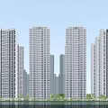 High Rise Residential Buildings With Waterfront Green Trees And City Skyline Under Blue Sky