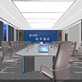 Modern Professional Conference Room Interior With Long Table Gray Chairs And Blue Backdrop