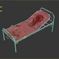 Old Medical Equipment Hospital Bed With Metal Frame And Red Stained Mattress